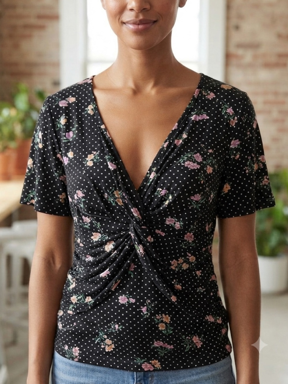 Ultra Flirt Black Mixed Print Polka Dot Floral Knot Front Top Size L